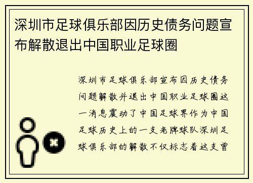 深圳市足球俱乐部因历史债务问题宣布解散退出中国职业足球圈 深圳市足球俱乐部因历史债务问题宣布解散退出中国职业足球圈